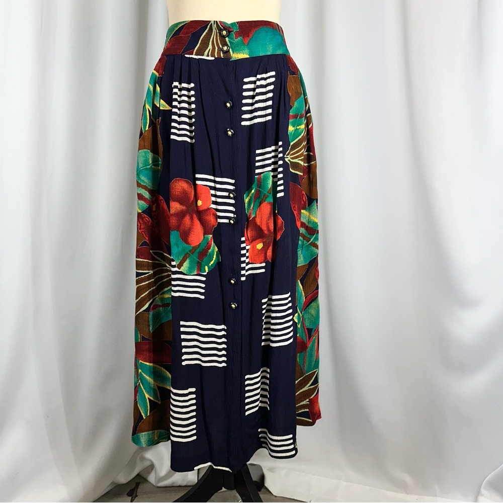 Vintage A.K.F. NY Tropical Geometric Full Midi Skirt Sz L Vibrant Boho 80s USA